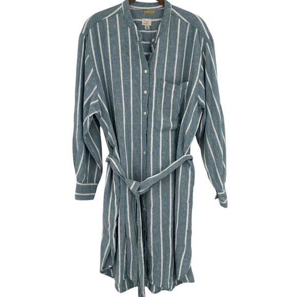 A New Day Size Large Blue Linen Rayon Button Up Shirt Dress Pockets Belted - Picture 1 of 9